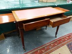 A 19th.C.MAHOGANY WRITING LIBRARY TABLE WITH INSET TOP, TWO APRON DRAWERS AND END SLIDES, BRASS