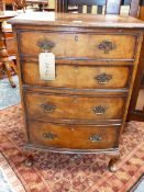 A SMALL NEAR PAIR OF GEORGIAN STYLE BOW FRONT CHESTS OF FOUR DRAWERS ON SHORT CABRIOLE LEGS. 52 x 34