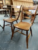 A SET OF SIX VICTORIAN OXFORD TYPE COUNTRY SIDE CHAIRS WITH DOUBLE RAIL BACKS. (6)