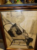 CONTINENTAL SCHOOL PORTRAIT OF A LADY SEATED IN A WICKER ARMCHAIR, SIGNED INDISTINCTLY, CHARCOAL