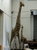 A LARGE VINTAGE HAND MADE WELDED STEEL FIGURE OF A STANDING ADULT GIRAFFE TOGETHER WITH A FOAL. H.