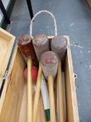 A CROQUET SET BY WOODMALLETS.COM IN ORIGINAL BOX IN LITTLE USED CONDITION.