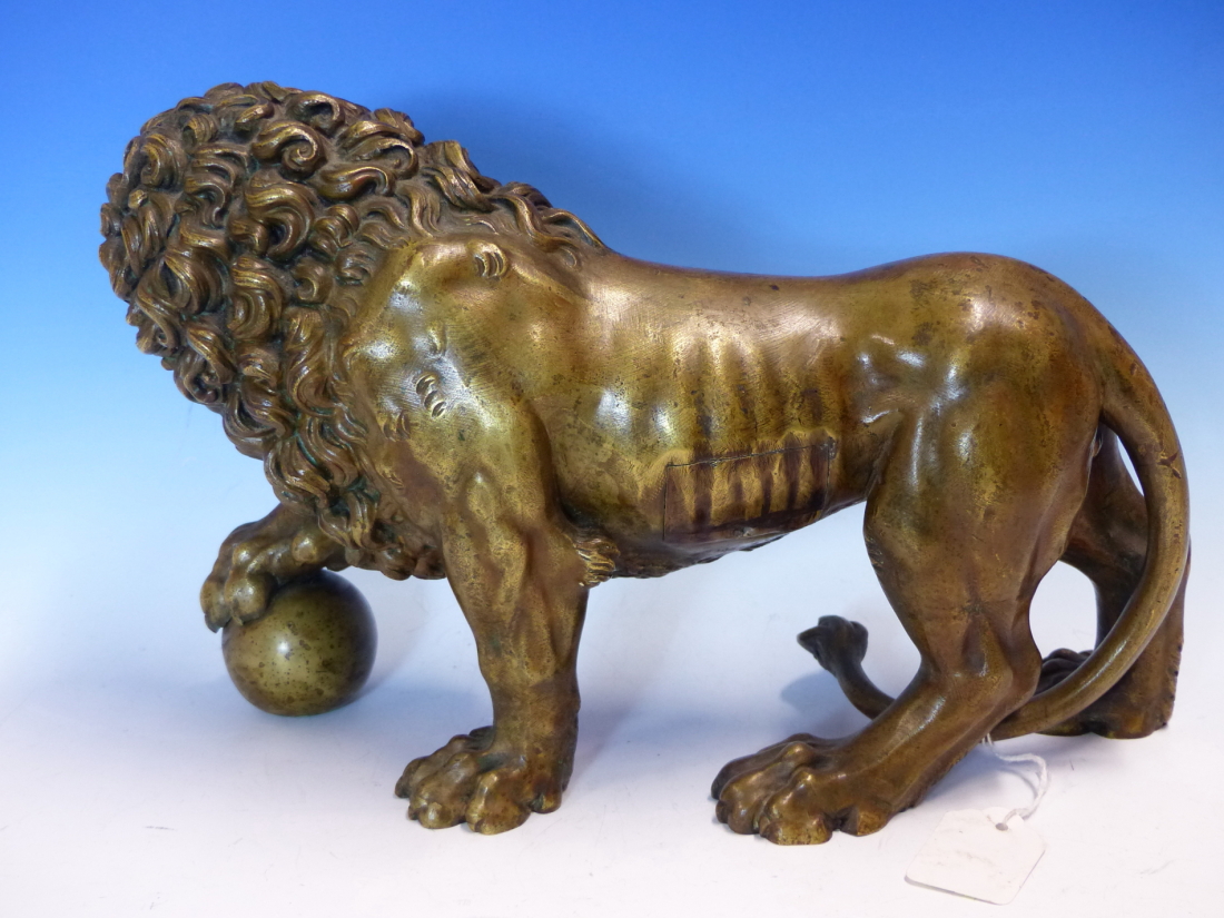 AFTER THE MEDICI LION, A BRONZE FIGURE GROWLING AND WITH RIGHT FOREPAW RAISED ON A BALL. W 35cms. - Image 5 of 5