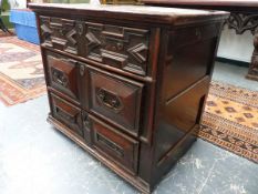 A 17th/18th.C.OAK SMALL CHEST OF THREE DRAWERS WITH GEOMETRIC PANEL FRONTS AND PANEL SIDES. 82 x