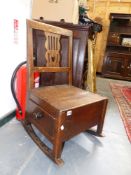 AN 18th./19th.C. OAK COUNTRY SMALL LAMBING CHAIR ON ROCKERS WITH UNDERSEAT DRAWER.