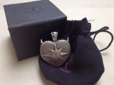 A THEO FENNELL ALIAS SILVER HORNY HEART PENDANT, COMPLETE WITH BOX AND POUCH. HEIGHT 4.5cms,