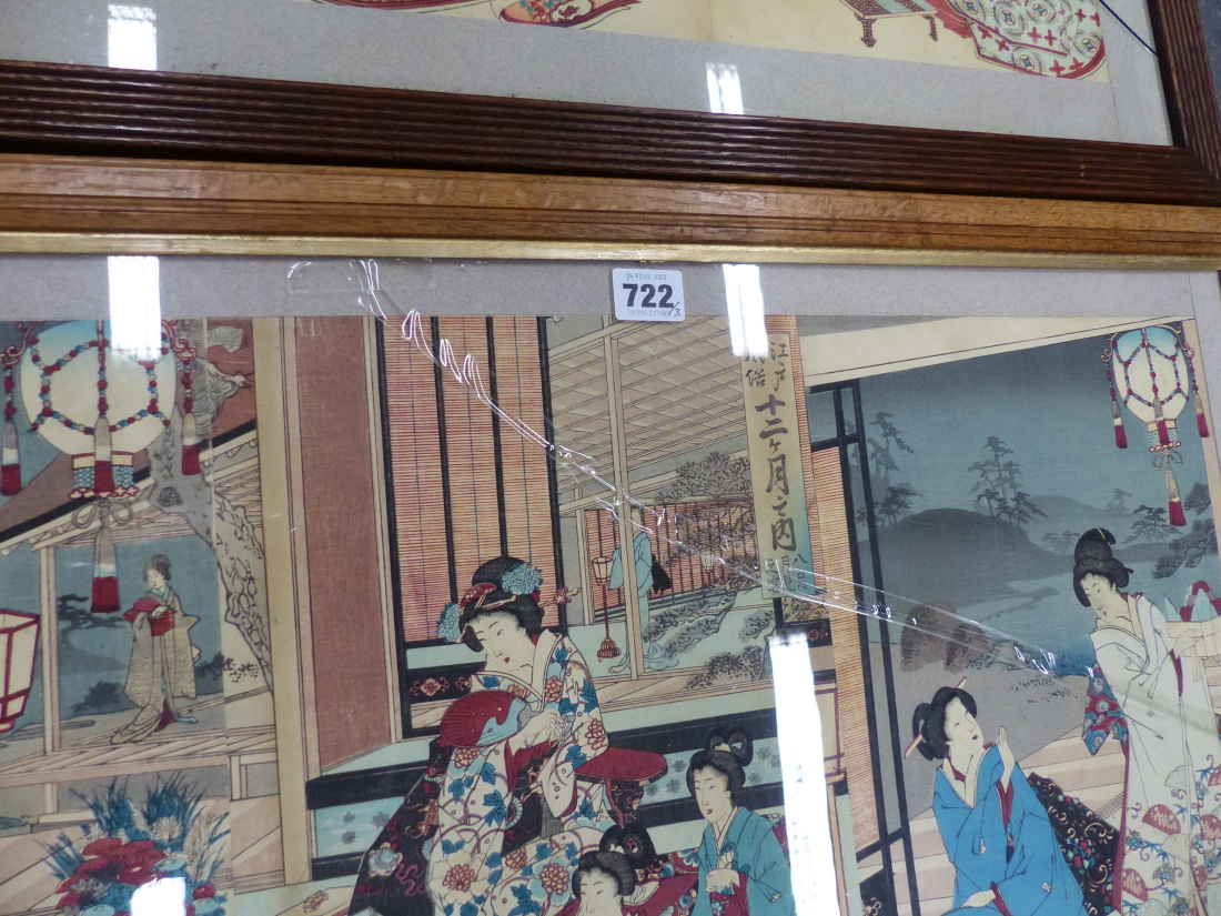 YOCHU CHIKANOBU (1839-1912), THREE WOODBLOCK TRIPTYCHS TITLED THE POETESS MONTHLY MEETING, HAPPINESS