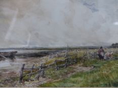 19th.C.ENGLISH SCHOOL. AN ESTUARY VIEW, BEARS SIGNATURE, WATERCOLOUR. 33 x 49cms.