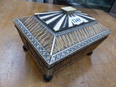 AN INDIAN PORCUPINE QUILL WORK BOX, THE SANDAL WOOD LINED INTERIOR WITH FITTED LIFT OUT TRAY. W 21.