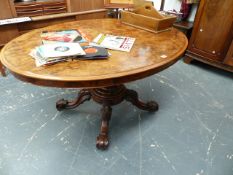 A VICTORIAN BURR WALNUT BREAKFAST TABLE.