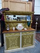 A CARVED AND PAINTED OAK SIDEBOARD.