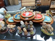 COUNTRY ARTIST OWL FIGURES, A GROUP OF NAVAL WALL PLAQUES, TINS,ETC.