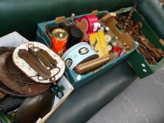 A QTY OF WOOD WORKING TOOLS, VINTAGE BOTTLE AND TINS, VARIOUS SPRING SCALES,ETC.