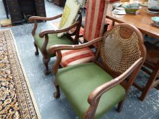 A PAIR OF CANE BACK ARMCHAIRS AND A PRIE DIEUX CHAIR.