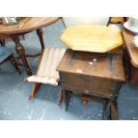 A SEWING BOX, AN OCCASIONAL TABLE AND A ROCKING STOOL.