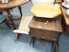 A SEWING BOX, AN OCCASIONAL TABLE AND A ROCKING STOOL.