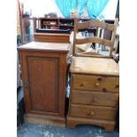 A VICTORIAN BEDSIDE CABINET, TWO SIDE CHAIRS AND A PINE BEDSIDE CABINET.