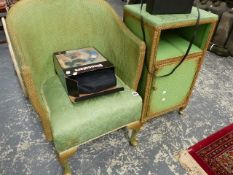 A LOOM CHAIR AND BEDSIDE CABINET.