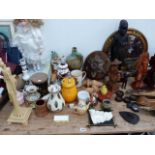 A QTY OF CARVED WOOD ORNAMENTS, VARIOUS PICTURES, DOLL,ETC.