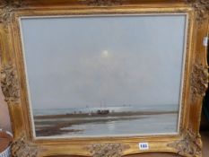 A GILT FRAMED OIL ON CANVAS, MISTY FORESHORE.