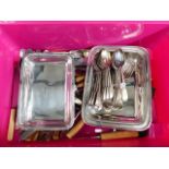 A QTY OF SILVER PLATED CUTLERY AND TUREENS.