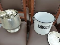 A PEWTER PUNCH SET AND AN ENAMEL FLOUR BIN.