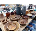 A QTY OF VARIOUS HAND TURNED BOWLS, ART POTTERY,ETC.