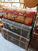 THREE ANTIQUE RATTAN LUGGAGE TRUNKS.