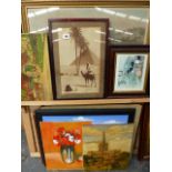 A QTY OF VARIOUS PAINTINGS AND PRINTS.