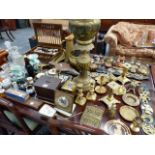 A LARGE COLLECTION OF ANTIQUE AND LATER BRASSWARES, PLATED CUTLERY, ORNAMENTS,ETC.