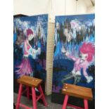 A LARGE PAIR OF OIL PAINTINGS.