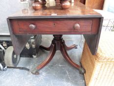 A LATE GEORGIAN MAHOGANY AND EBONY INLAID PEDESTAL PEMBROKE TABLE.