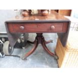 A LATE GEORGIAN MAHOGANY AND EBONY INLAID PEDESTAL PEMBROKE TABLE.