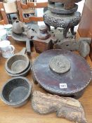 A QTY OF TRIBAL CARVED AND POTTERY BOWLS,ETC.