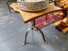 A PAIR OF BESPOKE WROUGHT IRON OAK AND INLAID OCCASIONAL TABLES.