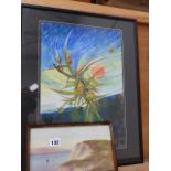 A WATERCOLOUR COASTAL SCENE AND AN ABSTRACT OF FLOWERS.