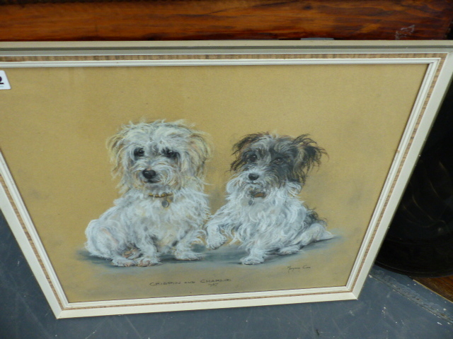 A PASTEL DRAWING OF DOGS BY MARJORIE COX AND A PORTRAIT PHOTOGRAPH.