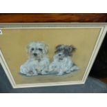 A PASTEL DRAWING OF DOGS BY MARJORIE COX AND A PORTRAIT PHOTOGRAPH.
