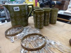 PORTMEIRION COFFEE CUPS AND A LARGE JUG TOGETHER WITH A PAIR OF CUT GLASS LUSTRE SHADES.