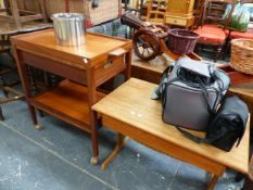 A MID CENTURY WORK TABLE AND A TEA TROLLEY TOGETHER WITH AN ICE PAIL.