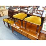 FOUR EDWARDIAN CHAIRS AND A MODERN COFFEE TABLE.