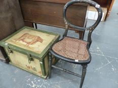 A VICTORIAN BEDROOM CHAIR AND A PAINTED TOY BOX.