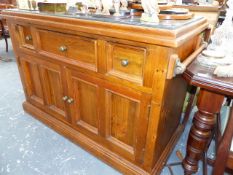 A MARBLE TOPPED PINE KITCHEN ISLAND UNIT.