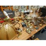 VARIOUS BRASS LIGHT FITTINGS, DECANTERS AND PLATEDWARES.