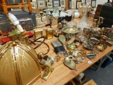 VARIOUS BRASS LIGHT FITTINGS, DECANTERS AND PLATEDWARES.