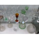 TWO OIL LAMP SHADES AND VARIOUS GLASSWARES.
