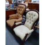 TWO VICTORIAN BUTTON BACK CHAIRS.