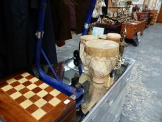 VARIOUS DRUMS AND A CHESS SET.