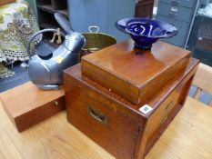 TWO OAK CUTLERY BOXES, A BRASS PLANTER, GLASS BOWL,ETC.