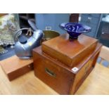 TWO OAK CUTLERY BOXES, A BRASS PLANTER, GLASS BOWL,ETC.